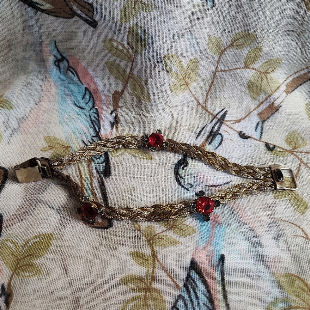 Dual Strand Braided Sterling Vintage Gold Wash Slide Bracelet Red & Gray Stones - Picture 5 of 15